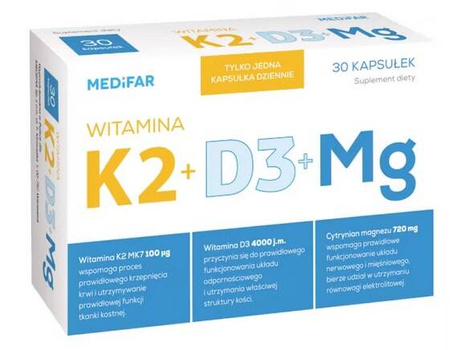 MEDIFAR  K2 + D3 + Mg WITAMINA D 2000 Magnez 30 kp